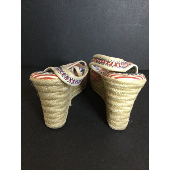 Bongo Women's Shoes Wedges Heel Striped Pearl Button Wrapped Red White Size 10M - Picture 4 of 10